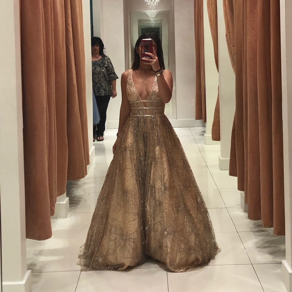 Camille La Vie Gold Sequin Ball Gown Prom Dress